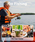 Person fishing on a boat wearing an orange life vest, drinks, seafood, and beverages in a cooler for a fishing trip.