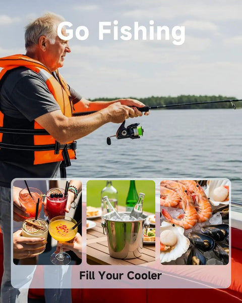 Person fishing on a boat wearing an orange life vest, drinks, seafood, and beverages in a cooler for a fishing trip.