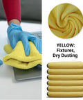 Person using Premium Microfiber Cleaning Towels 16x16 12 Pack Yellow Reusable for dry dusting with close-up of stacked towels