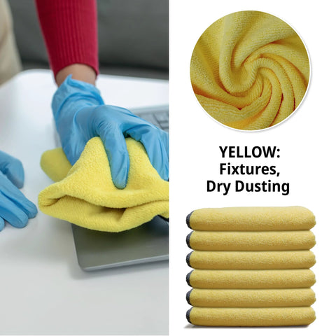 Person using Premium Microfiber Cleaning Towels 16x16 12 Pack Yellow Reusable for dry dusting with close-up of stacked towels