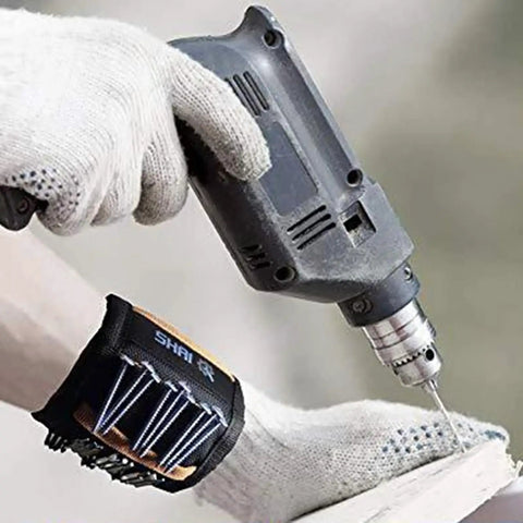 Magnetic Wristband For Holding Screws Nails Drill Bits Bolts And Small Tools Breathable Mesh Arm Band With Strong Magnets Ideal For Construction DIY Mechanics Roofers And Handy Men And Women worn on wrist with drill bits and screws