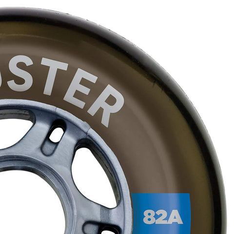 Close-up of Boost Your Ride With 4 Wheel Pack Of 80mm 82A Booster Wheels for inline skates showing urethane material and branding.
