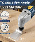 Heavy Duty Corded Oscillating Multi Tool With Universal Fit Base And 200W 1.6A Motor, showing 3-degree oscillation and 22000 OPM detail.