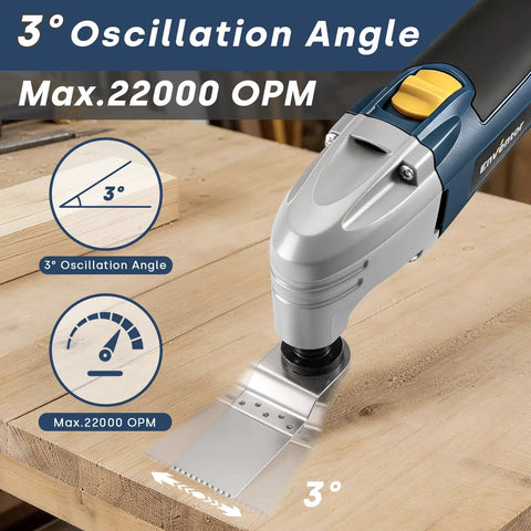 Heavy Duty Corded Oscillating Multi Tool With Universal Fit Base And 200W 1.6A Motor, showing 3-degree oscillation and 22000 OPM detail.
