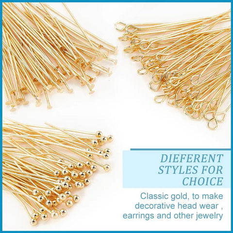 Real 14K Gold Plated Brass Pins Set Dope 180 Pcs 9 Styles Eye Pins Ball Head Pins Flat Head Pins 24 Gauge Eye Pins 23 Gauge Flat Pins For DIY Jewelry Making Earring And Bracelet Crafter Kit, gold pin styles