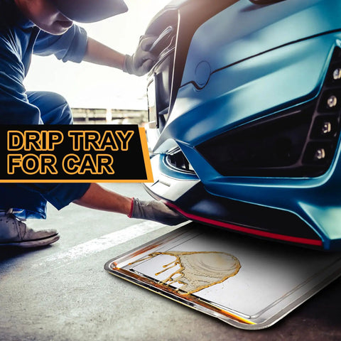 Two Piece Stainless Steel Oil Drip Pan Set For Cars And Motorcycles, Large 23.6 By 15.8 Inch under blue car catching spill