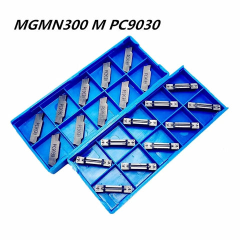 High Performance Carbide Grooving Insert PC9030 MGMN300‑M in a blue case, perfect for CNC lathe parting operations.