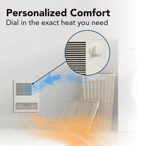 High Capacity Wall Heater With Built In Adjustable Thermostat 1500W 120 240V White mounted on wall in modern room.