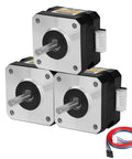 Front view of three Nema 17 stepper motors with silver faceplates, black bodies, and multicolor 4-lead cables