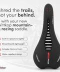 Memory Foam Mountain Bike Seat With Ergonomic Five Zone Concept For Road BMX And MTB Rides All Day Comfort Saddle. Black design with breathable cutouts and branding visible.