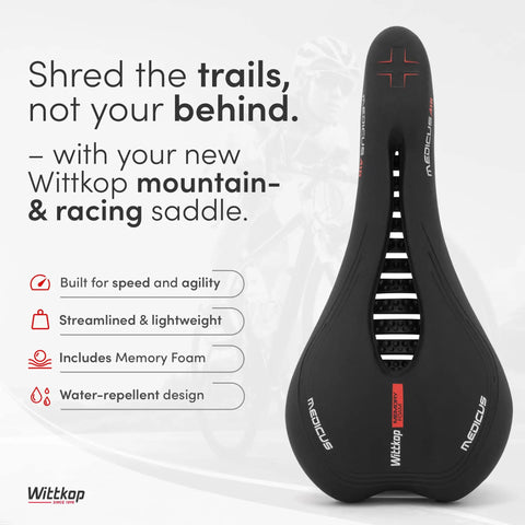 Memory Foam Mountain Bike Seat With Ergonomic Five Zone Concept For Road BMX And MTB Rides All Day Comfort Saddle. Black design with breathable cutouts and branding visible.