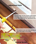 2 Pack Sliding Patio Door Tandem Roller Assembly Replacement Fits Guardian Croft VinylMax And Other Sliding Door Manufacturers 1-1/4 Inch Steel Ball Bearing End Adjustment 5-3/4 Inch Screw Hole Centers installation guide with screwdriver in use.