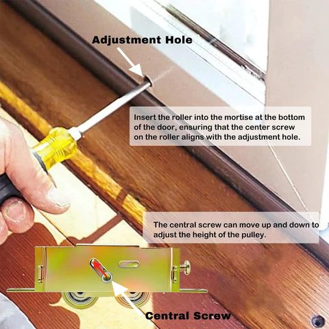 2 Pack Sliding Patio Door Tandem Roller Assembly Replacement Fits Guardian Croft VinylMax And Other Sliding Door Manufacturers 1-1/4 Inch Steel Ball Bearing End Adjustment 5-3/4 Inch Screw Hole Centers installation guide with screwdriver in use.