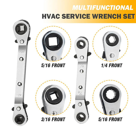 Valve Core Remover and HVAC Service Wrench Set with hex bit adapters for R410A systems, showing four interchangeable wrench heads.