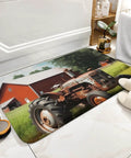 Thick Ultra Absorbent Bath Rugs With Non Slip Backing, Coral Fleece Farm Tractor Bathroom Mats on tile floor next to shower