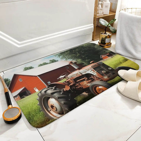 Thick Ultra Absorbent Bath Rugs With Non Slip Backing, Coral Fleece Farm Tractor Bathroom Mats on tile floor next to shower