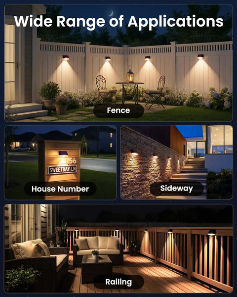 Kick It Up A Notch With This 8 Pack Of Solar Fence Lights Delivering A Cozy Warm White Glow Automatic Dusk To Dawn Switchout Rugged Weatherproof Build Perfect For Deck Patio Yard Or Railing, showcasing various applications including fence and railing.