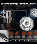 Stainless Steel Burr Grinder with 30 grind settings for precision control, part of the Straight Fire Dual Boiler Espresso Machine With Integrated Grinder And 58Mm Portafilter For Semi Auto Brews Smart TFT Display Milk Froth Wand And Precise Temperature Control To Kick Up Your Home Coffee Game.