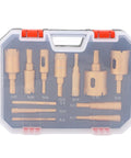 Get The Ultimate 12-Piece Hole Saw Kit With M10 Drill Bits For Ceramics Brick And Glass Plus Dry Wet Drilling Capability Using High Speed Steel Core Bits In Sizes From 6-35MM Perfect For Pros And DIYers Akin To A Total Game Changer. 12-piece HSS hole saw kit in case, sizes 6-35mm
