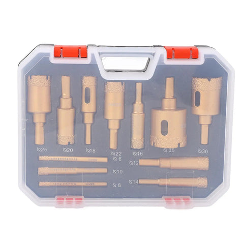 Get The Ultimate 12-Piece Hole Saw Kit With M10 Drill Bits For Ceramics Brick And Glass Plus Dry Wet Drilling Capability Using High Speed Steel Core Bits In Sizes From 6-35MM Perfect For Pros And DIYers Akin To A Total Game Changer. 12-piece HSS hole saw kit in case, sizes 6-35mm
