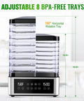 No Stress Food Dehydrator With Eight Stainless Steel Trays, digital display, adjustable BPA-free trays, 158F temperature setting.