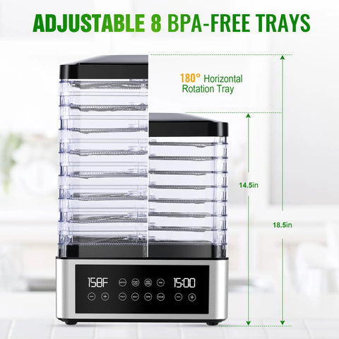 No Stress Food Dehydrator With Eight Stainless Steel Trays, digital display, adjustable BPA-free trays, 158F temperature setting.