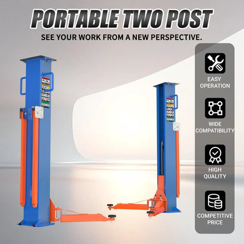 Heavy Duty Portable Two Post Car Lift With 8000 Lbs Capacity And Electric Lock Adjustable Height Up To 51 Inches showing vertical posts and arms.