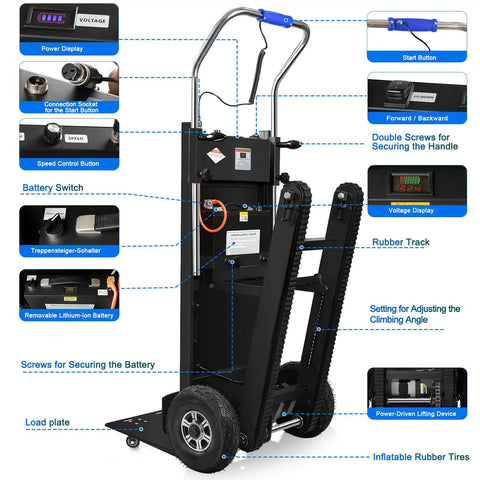 Heavy Duty Electric Stair Climbing Dolly With 900 Lbs Capacity, Aluminum Alloy Hand Truck controls and rubber track features.