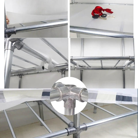 Close-up details of the metal frame of the Hella Spacious Portable Wardrobe Closet with dual hanging rods.