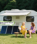 4 Pack 45 Inch Adjustable Solar Panel Tilt Mount Brackets With Foldable Legs on RV ground with women seated nearby.
