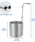 Stainless steel wort chiller coil, 1/2 in x 50 ft (304), immersion beer brewing with vertical tube and red end cap.