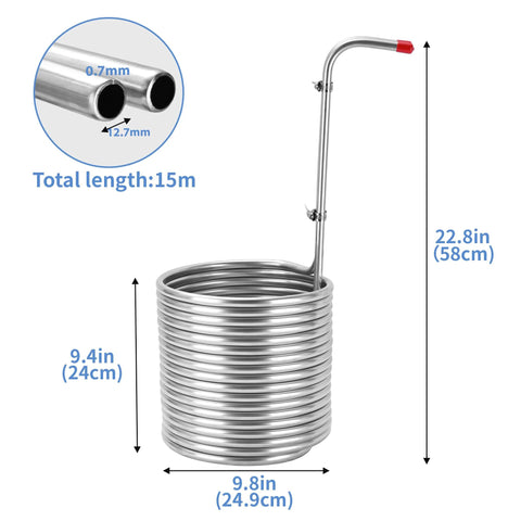 Stainless steel wort chiller coil, 1/2 in x 50 ft (304), immersion beer brewing with vertical tube and red end cap.
