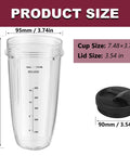 2 Pack 24 Oz Blender Cups With Lids And Cup Brush For Auto IQ Blenders Fits Models BL450 BL454 BL456 BL480 BL482 BL640 BL642 BL682 BN751 BN801 Durable BPA Free Easy To Clean, showing cup and lid dimensions.