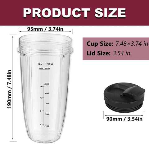 2 Pack 24 Oz Blender Cups With Lids And Cup Brush For Auto IQ Blenders Fits Models BL450 BL454 BL456 BL480 BL482 BL640 BL642 BL682 BN751 BN801 Durable BPA Free Easy To Clean, showing cup and lid dimensions.
