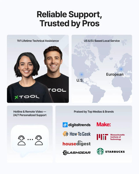 Infographic highlighting reliable support services with global map and logos of trusted brands for xTool.