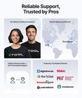 Two people wearing xTool shirts, support map highlighting US and EU services, various media logos like Digital Trends and Slashgear.