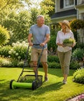 12 Inch Manual Reel Lawn Mower With 5 Blade Cutting System And Grass Catcher Bag, No Gas Or Electricity Needed, Lightweight Hand Push Grass Cutter For Small Yards And Gardens, Adjustable Height For Neat Eco Friendly Lawn Care in use on a lawn
