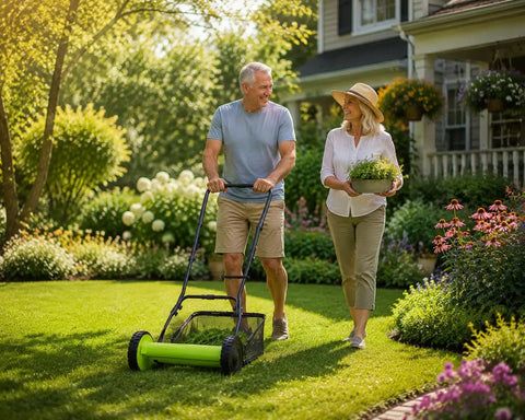 12 Inch Manual Reel Lawn Mower With 5 Blade Cutting System And Grass Catcher Bag, No Gas Or Electricity Needed, Lightweight Hand Push Grass Cutter For Small Yards And Gardens, Adjustable Height For Neat Eco Friendly Lawn Care in use on a lawn