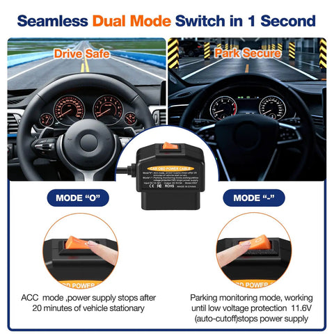 Seamless dual mode switch for Ultimate OBD2 to USB C Adapter Hardwire Kit with drive and park modes visible in a car dashboard.