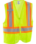 Class Two High Visibility Safety Vest Zip Front Two Pockets Lime Mesh Reflective Workwear in bright yellow with orange stripes
