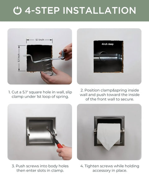 4-step installation guide for Recessed Toilet Paper Holder In Stainless Steel Built To Last Tissue Roll Holder Wall Mount For Bathroom.
