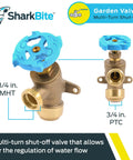 Brass Push To Connect Garden Valve Three Quarter Inch By Three Quarter Inch MHT Multi Turn Shutoff With Angled Handle