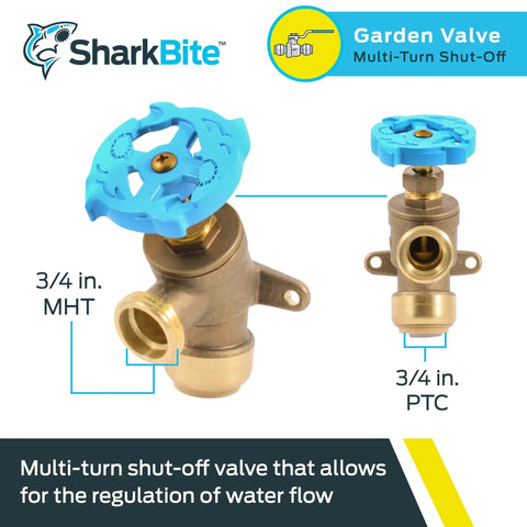 Brass Push To Connect Garden Valve Three Quarter Inch By Three Quarter Inch MHT Multi Turn Shutoff With Angled Handle