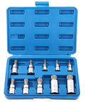 Ten Piece 12 Point Triple Splined Bit Socket Set With One Quarter Inch, Three Eighths Inch, And One Half Inch Drives for Auto Repair