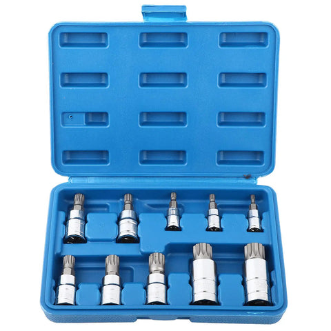 10-Piece 12 Point Triple Bit Socket Set in Pro-Grade Heavy Duty Steel With Quarter Inch, Three Eighths Inch, And Half Inch Drive, Includes Metric M4 And Other Standard Sizes, Portable Workshop-Ready Repair Tool Kit in Durable Plastic Case