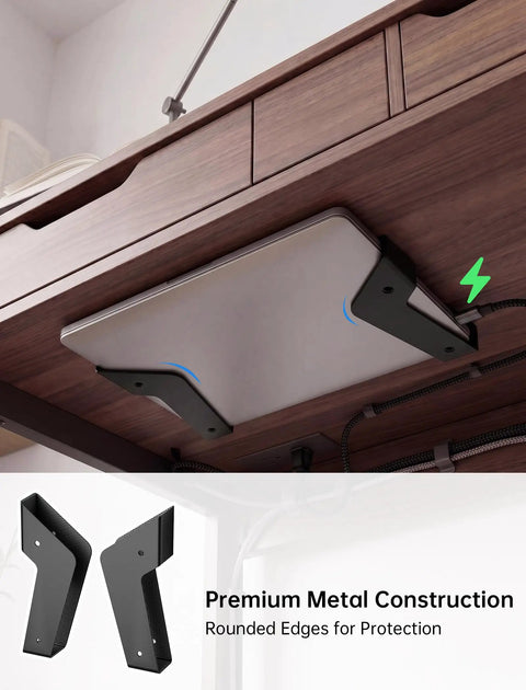 Heavy Duty Under Desk Laptop Mount And Wall Holder Adjustable Metal Bracket secures laptop with rounded edges, under a wooden desk.