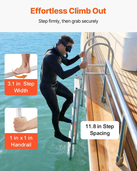 Retractable Dock Ladder With 5 Steps Aluminum Pontoon Swim Ladder Auto Lift Float Non Slip Wide Steps 500 Lb Weight Capacity Adjustable Height No Fuss Easy Install Ideal For Lake Pool And Boat, swimmer using dock ladder