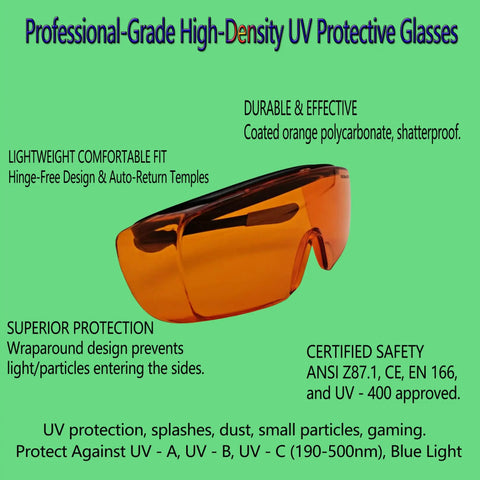Badass Heavy Duty UV Safety Glasses Engineered To Block Harmful 254Nm UV Rays For Tlc Lab Tasks Ansi Z 871 Certified Industrial Grade Wraparound Goggles with orange polycarbonate lens.
