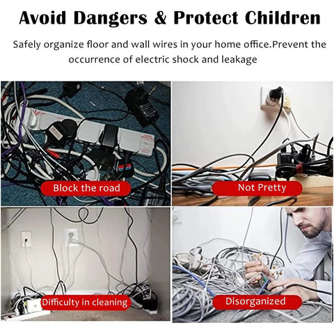Rugged Cable Raceway Kit With Self Adhesive Floor Protector 12 To 72 Inch Length Includes Four Molding Strips And Cover For Office Or Conference Room Cable Management To Hide Wires And Make Your Space Look Slick image showcasing disorganized cables causing clutter.