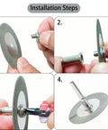 Installation steps for Pro Grade 3 Pack 60Mm Diamond Cutting Discs With Quarter Inch Shank Mandrel And Screwdriver.